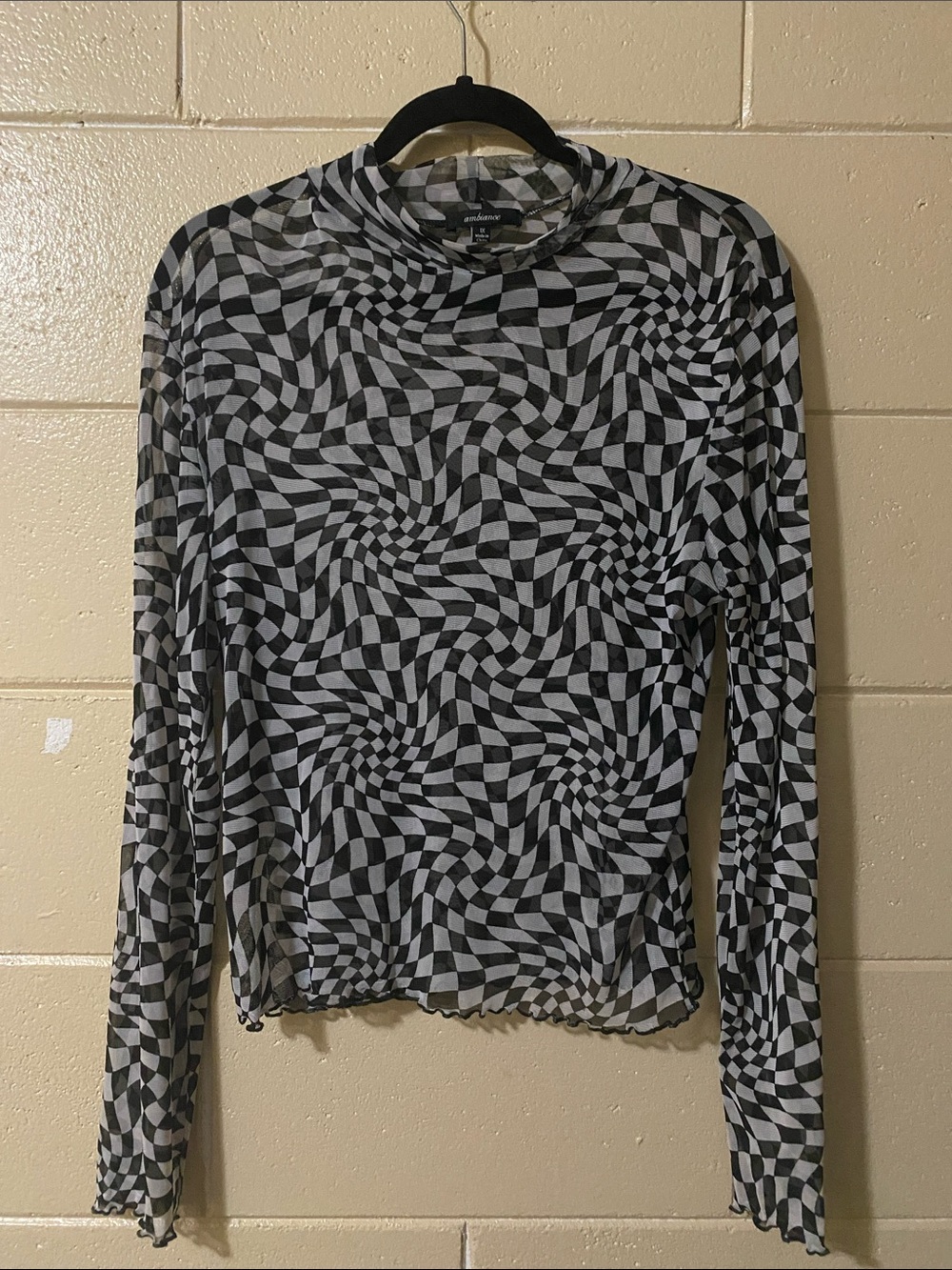 Ambiance Black & White Optical Wave Mesh Long Sleeve Top